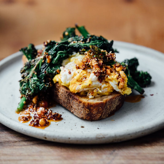 Cheesy Eggs with Kale  & Peanut Rāyu