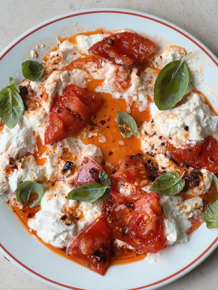 Burrata and Chilli Oil Dressed Tomatoes.